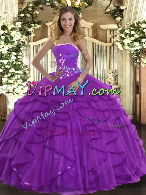 Purple Strapless Lace Up Beading and Ruffles 15 Quinceanera Dress Sleeveless