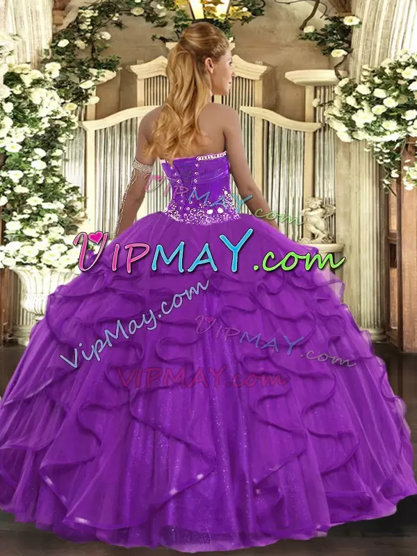 Purple Strapless Lace Up Beading and Ruffles 15 Quinceanera Dress Sleeveless