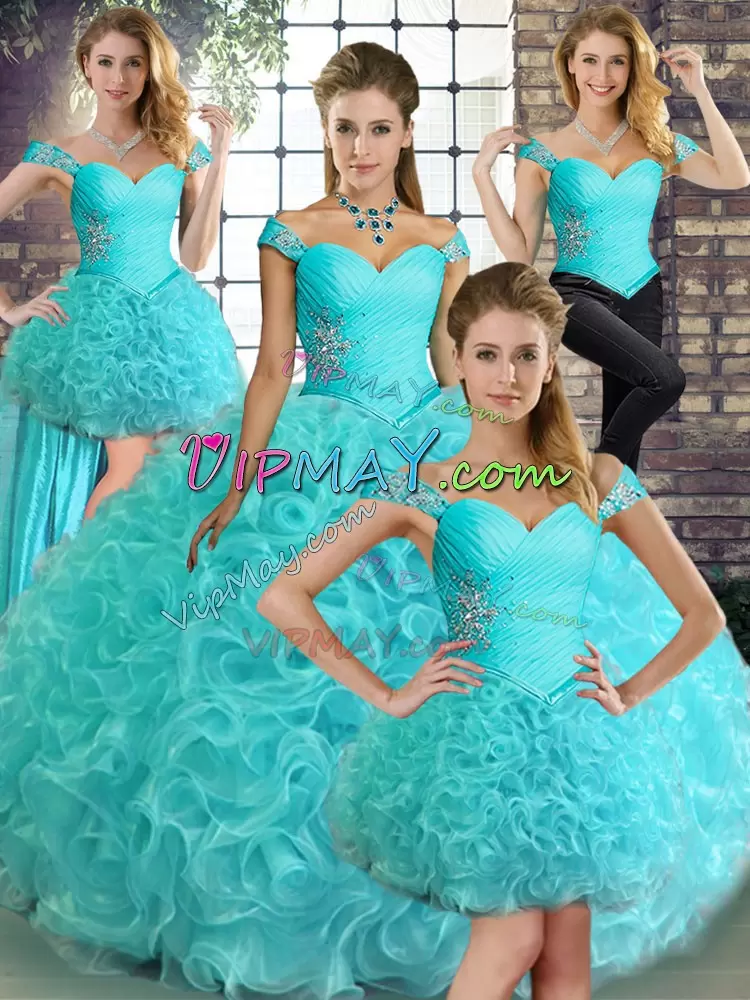 Glorious Floor Length Aqua Blue Quinceanera Gown Fabric With Rolling Flowers Sleeveless Beading