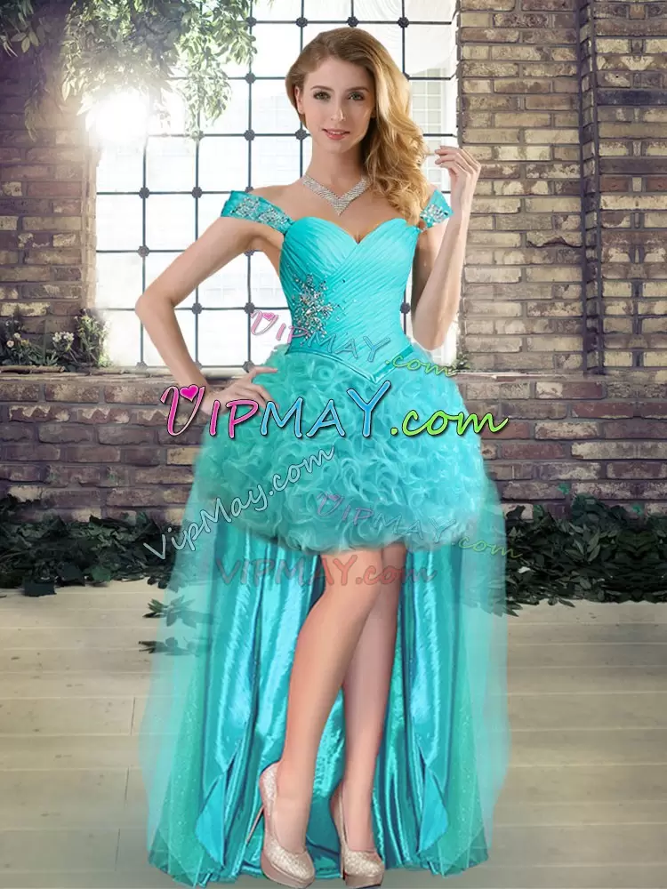 Glorious Floor Length Aqua Blue Quinceanera Gown Fabric With Rolling Flowers Sleeveless Beading