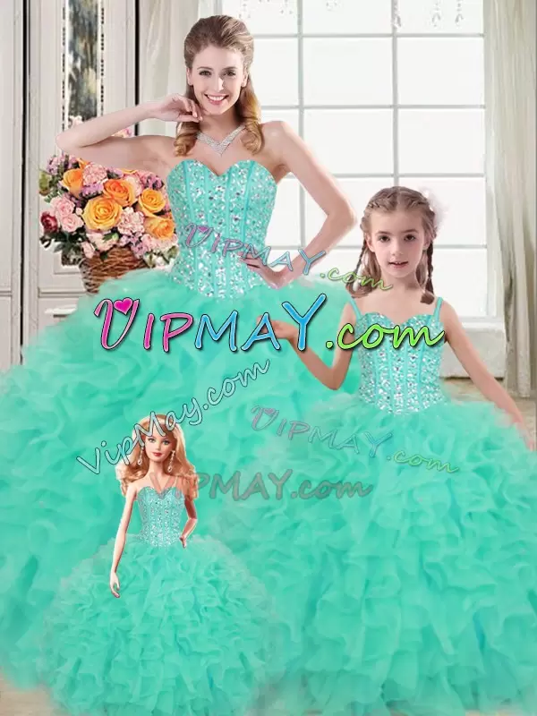 Turquoise 15 Quinceanera Dress Military Ball and Sweet 16 and Quinceanera with Beading and Ruffles Sweetheart Sleeveless Lace Up