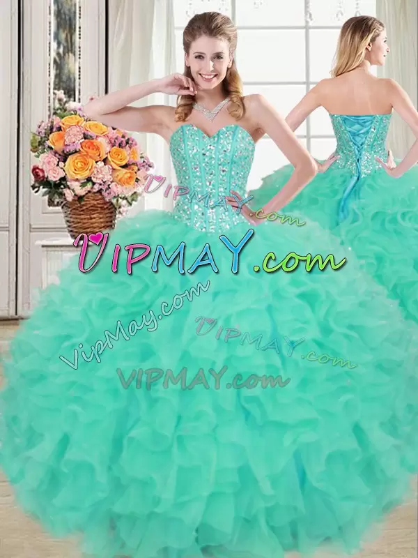 Turquoise 15 Quinceanera Dress Military Ball and Sweet 16 and Quinceanera with Beading and Ruffles Sweetheart Sleeveless Lace Up