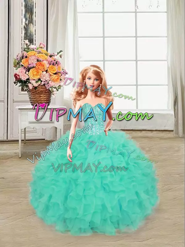 Turquoise 15 Quinceanera Dress Military Ball and Sweet 16 and Quinceanera with Beading and Ruffles Sweetheart Sleeveless Lace Up