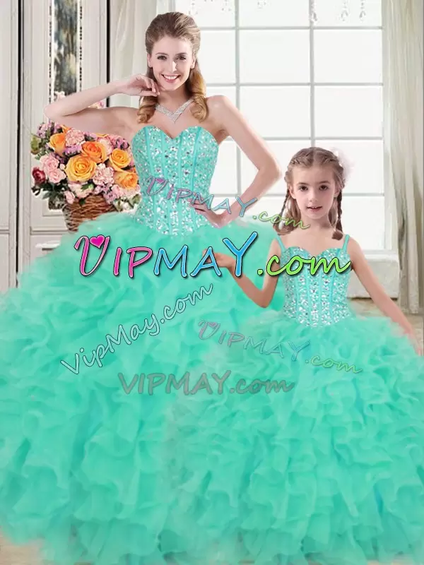 Turquoise 15 Quinceanera Dress Military Ball and Sweet 16 and Quinceanera with Beading and Ruffles Sweetheart Sleeveless Lace Up