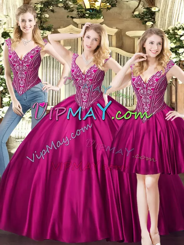 Eye-catching Sleeveless Tulle Floor Length Lace Up Vestidos de Quinceanera in Fuchsia with Beading