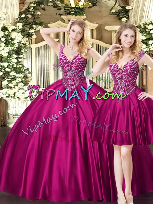 Eye-catching Sleeveless Tulle Floor Length Lace Up Vestidos de Quinceanera in Fuchsia with Beading