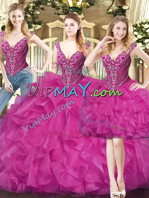 Colorful Fuchsia Three Pieces Organza V-neck Sleeveless Beading and Ruffles Floor Length Lace Up Quinceanera Gowns