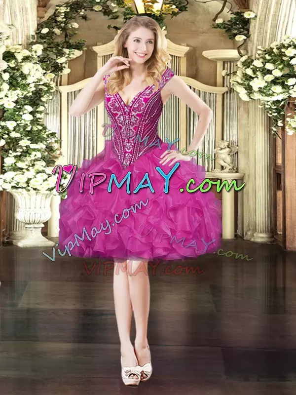 Colorful Fuchsia Three Pieces Organza V-neck Sleeveless Beading and Ruffles Floor Length Lace Up Quinceanera Gowns