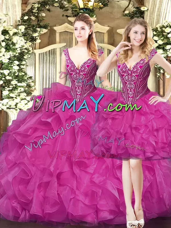 Colorful Fuchsia Three Pieces Organza V-neck Sleeveless Beading and Ruffles Floor Length Lace Up Quinceanera Gowns