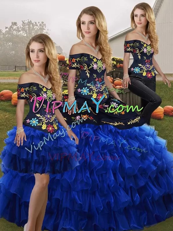 Captivating Organza Off The Shoulder Sleeveless Lace Up Embroidery and Ruffled Layers Sweet 16 Quinceanera Dress in Blue And Black