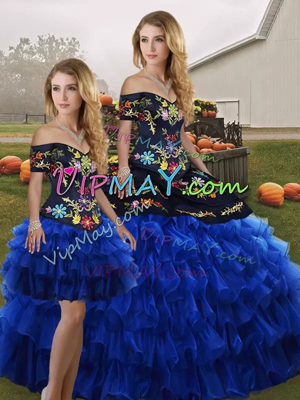 Captivating Organza Off The Shoulder Sleeveless Lace Up Embroidery and Ruffled Layers Sweet 16 Quinceanera Dress in Blue And Black