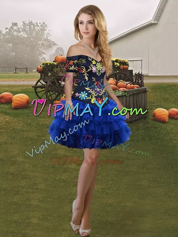 Captivating Organza Off The Shoulder Sleeveless Lace Up Embroidery and Ruffled Layers Sweet 16 Quinceanera Dress in Blue And Black