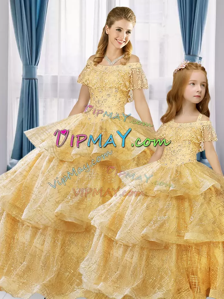 Elegant Gold Sleeveless Beading and Lace and Sequins Floor Length Sweet 16 Quinceanera Dress