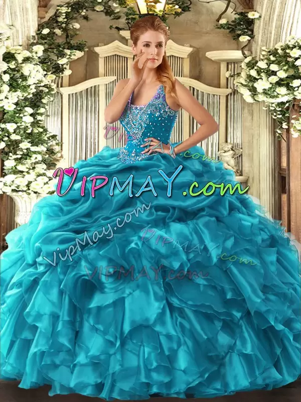 Floor Length Ball Gowns Sleeveless Teal Quinceanera Gowns Lace Up