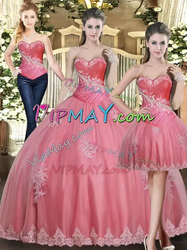 Rose Pink Ball Gowns Beading and Appliques 15th Birthday Dress Lace Up Tulle Sleeveless Floor Length