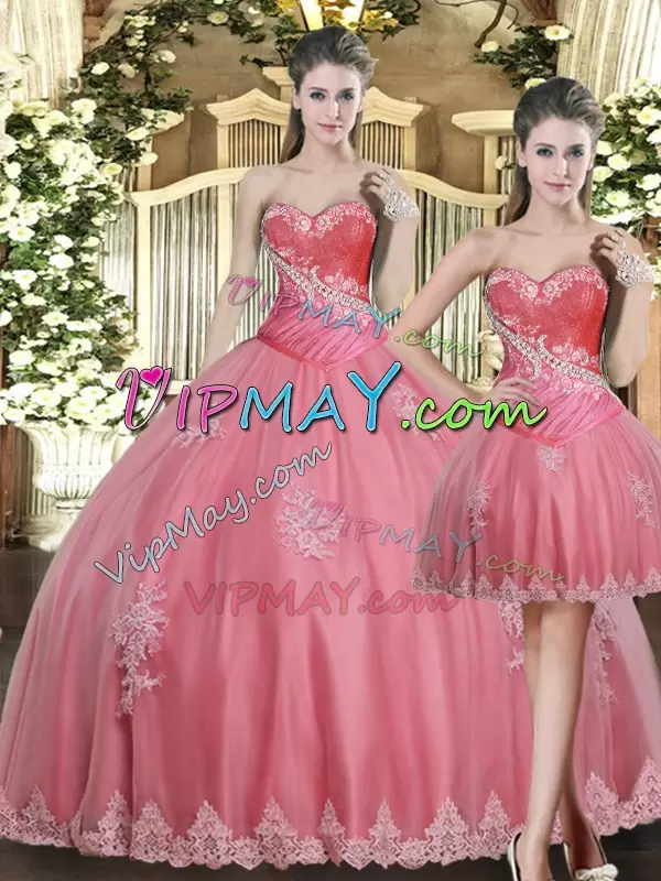 Rose Pink Ball Gowns Beading and Appliques 15th Birthday Dress Lace Up Tulle Sleeveless Floor Length