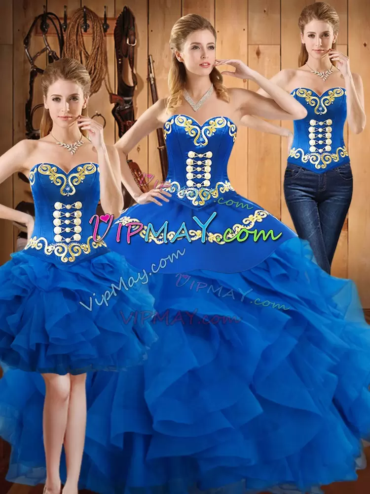 Flare Blue Sweetheart Lace Up Embroidery and Ruffles Sweet 16 Dresses Sleeveless