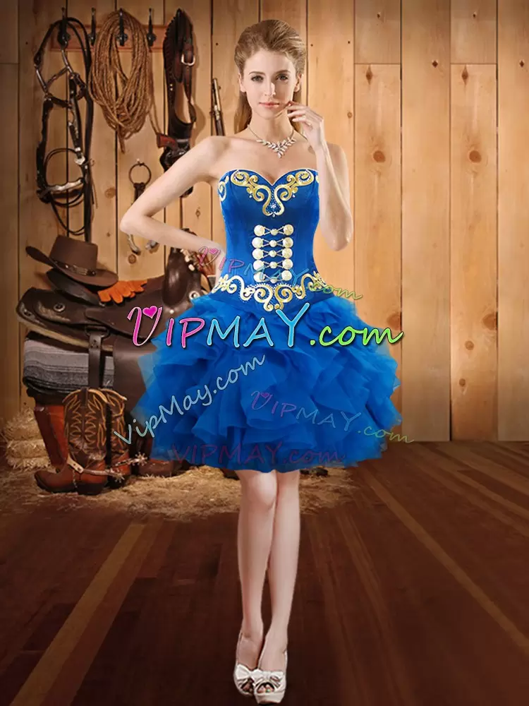 Flare Blue Sweetheart Lace Up Embroidery and Ruffles Sweet 16 Dresses Sleeveless