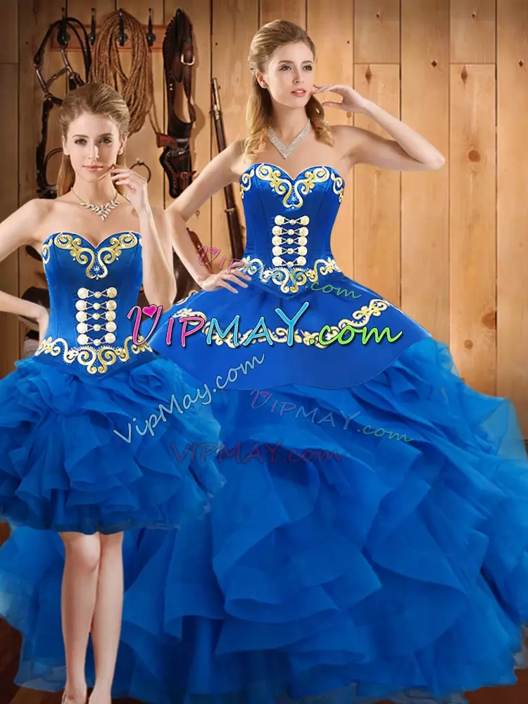 Flare Blue Sweetheart Lace Up Embroidery and Ruffles Sweet 16 Dresses Sleeveless