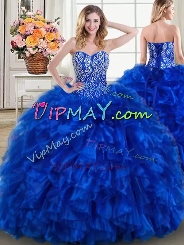 Pretty Royal Blue Sleeveless With Train Beading and Ruffles Lace Up Sweet 16 Dresses Sweetheart