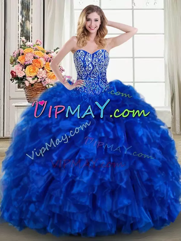 Pretty Royal Blue Sleeveless With Train Beading and Ruffles Lace Up Sweet 16 Dresses Sweetheart