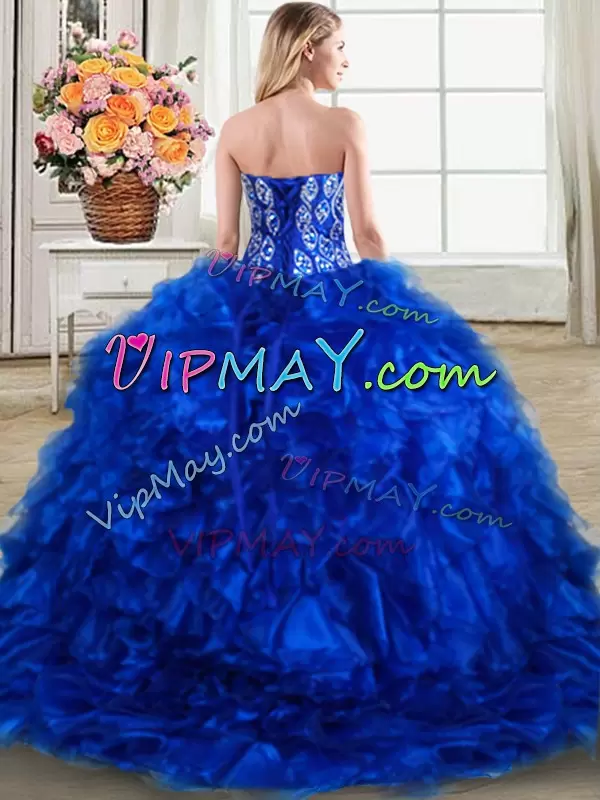 Pretty Royal Blue Sleeveless With Train Beading and Ruffles Lace Up Sweet 16 Dresses Sweetheart