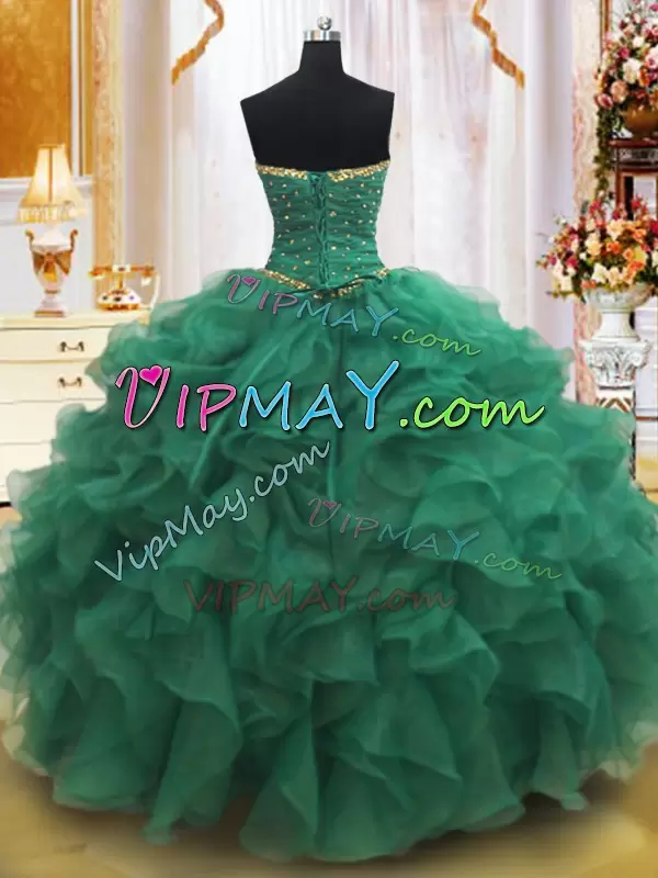 Exquisite Ball Gowns Vestidos de Quinceanera Dark Green Strapless Organza Sleeveless Floor Length Lace Up