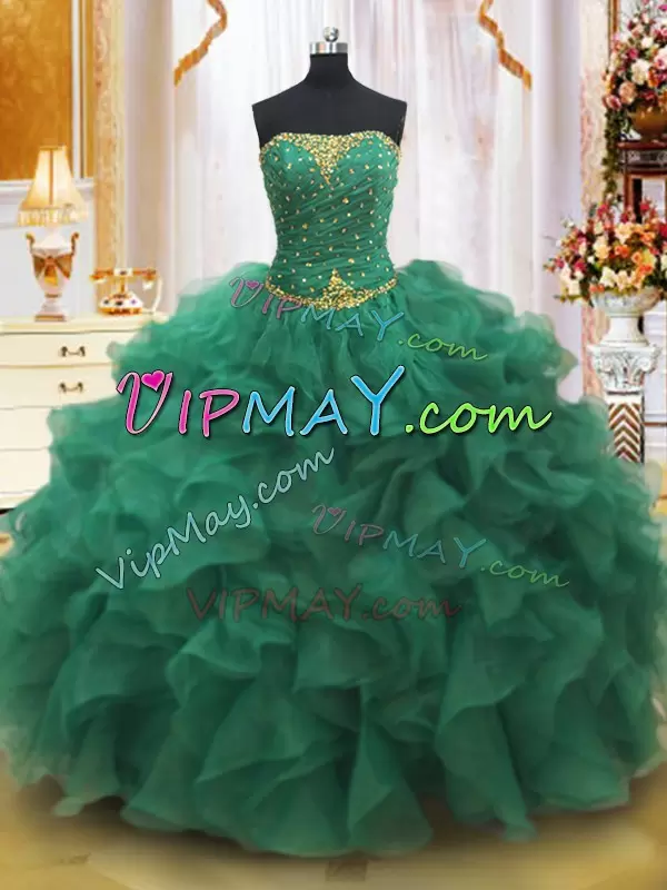 Exquisite Ball Gowns Vestidos de Quinceanera Dark Green Strapless Organza Sleeveless Floor Length Lace Up