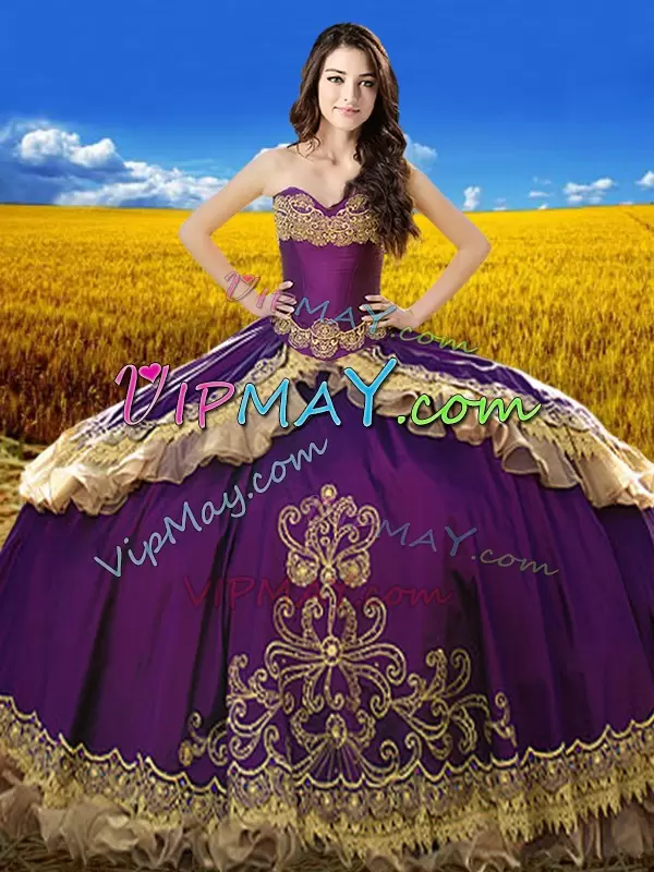 Purple Sleeveless Floor Length Beading and Embroidery Lace Up Quince Ball Gowns Sweetheart