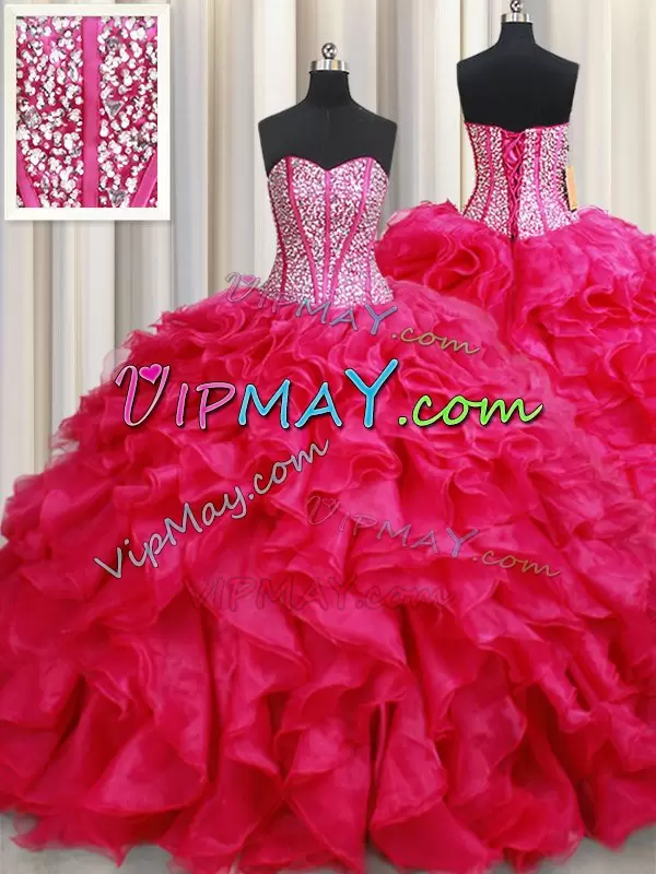 Flirting With Train Lace Up Sweet 16 Dress Coral Red for Military Ball and Sweet 16 and Quinceanera with Beading and Ruffles Brush Train