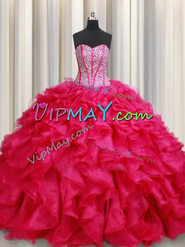 Flirting With Train Lace Up Sweet 16 Dress Coral Red for Military Ball and Sweet 16 and Quinceanera with Beading and Ruffles Brush Train