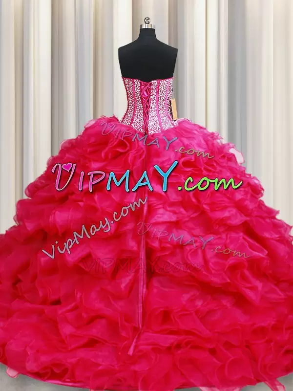 Flirting With Train Lace Up Sweet 16 Dress Coral Red for Military Ball and Sweet 16 and Quinceanera with Beading and Ruffles Brush Train