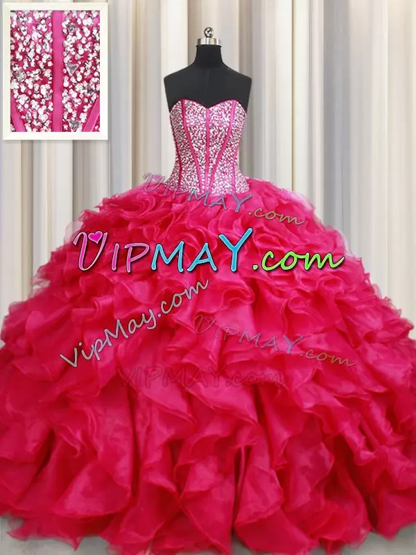 Flirting With Train Lace Up Sweet 16 Dress Coral Red for Military Ball and Sweet 16 and Quinceanera with Beading and Ruffles Brush Train