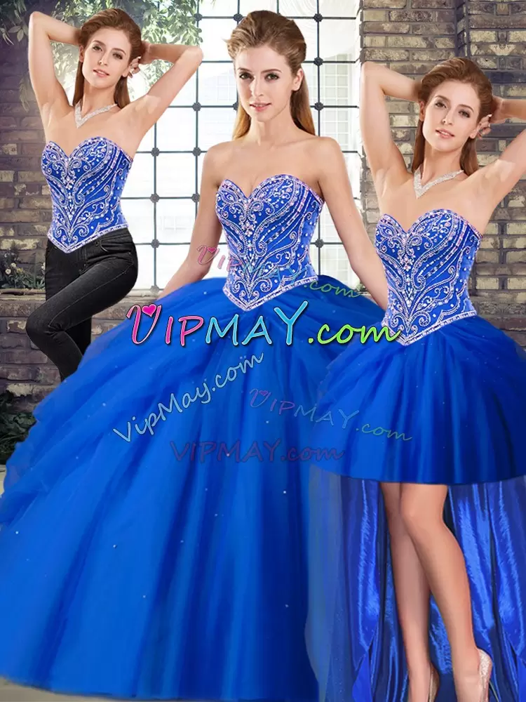 Unique Tulle Sweetheart Sleeveless Brush Train Lace Up Beading and Pick Ups 15 Quinceanera Dress in Royal Blue