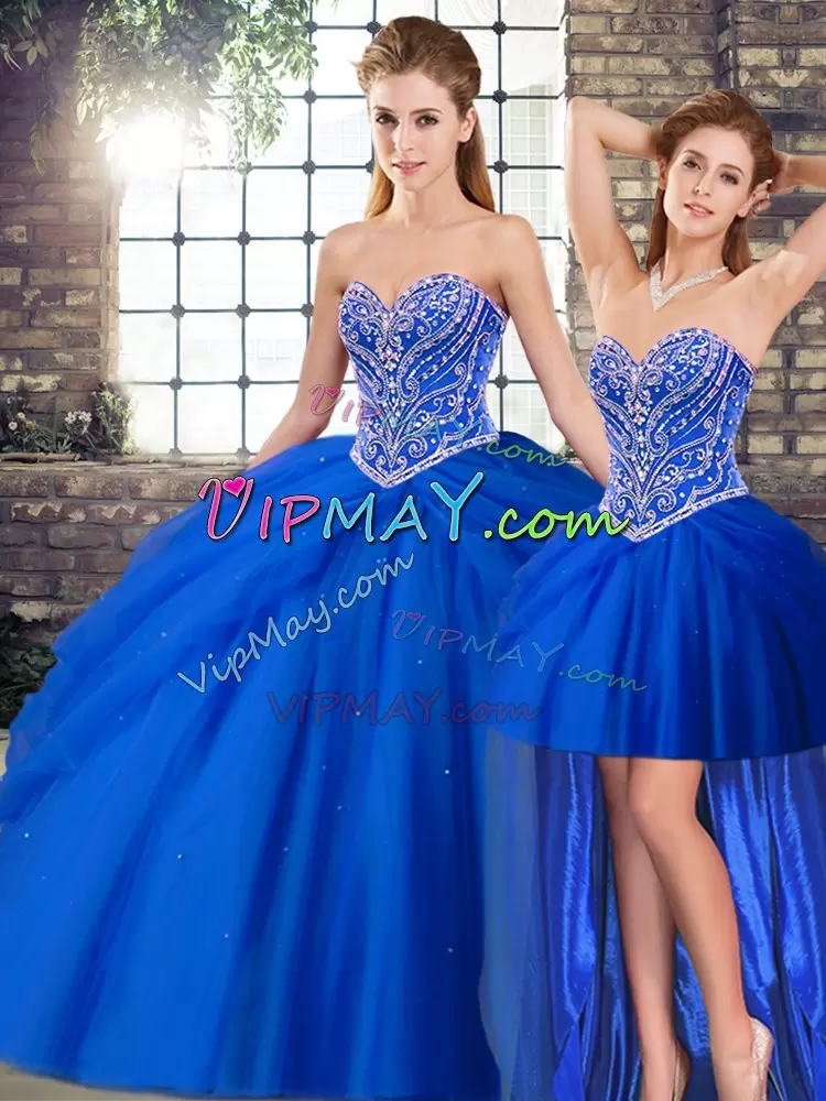 Unique Tulle Sweetheart Sleeveless Brush Train Lace Up Beading and Pick Ups 15 Quinceanera Dress in Royal Blue