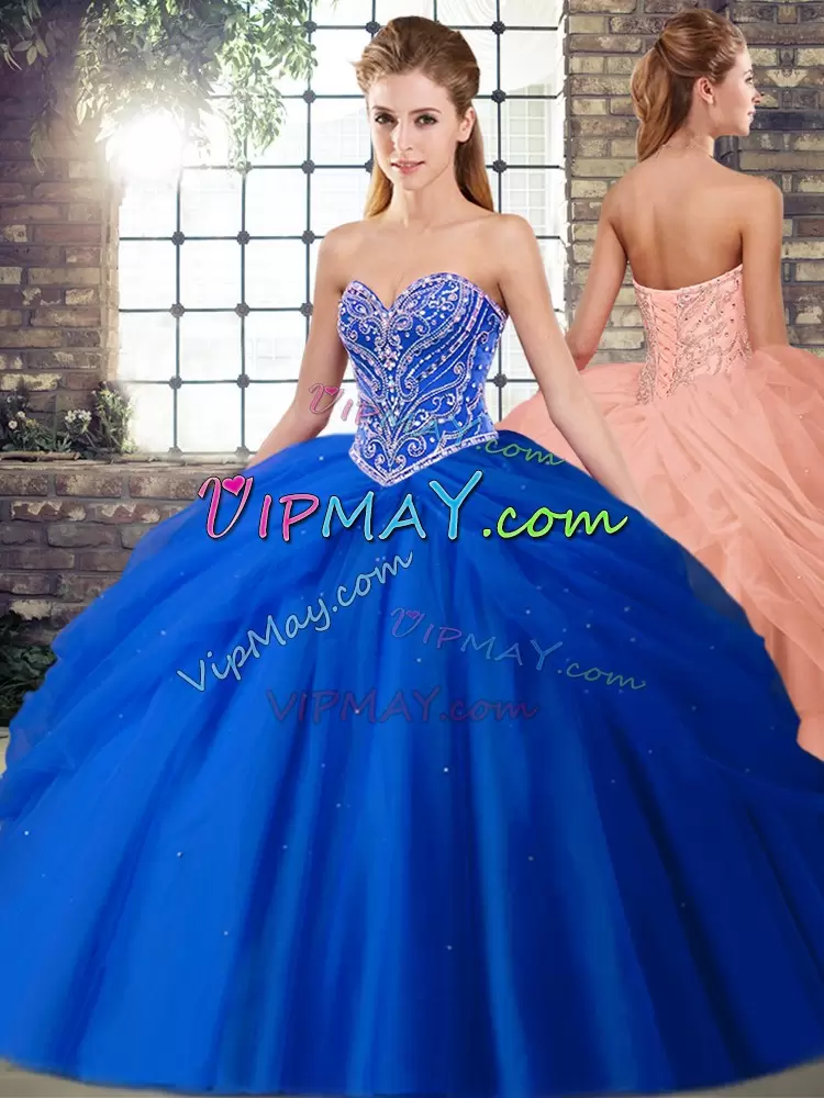 Unique Tulle Sweetheart Sleeveless Brush Train Lace Up Beading and Pick Ups 15 Quinceanera Dress in Royal Blue