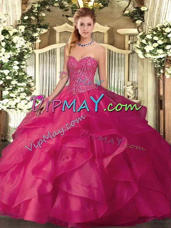 Fashion Sweetheart Sleeveless Lace Up Quinceanera Dresses Hot Pink Tulle Beading and Ruffles