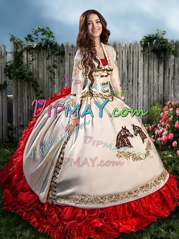 White And Red Sleeveless Embroidery Floor Length Quinceanera Dresses