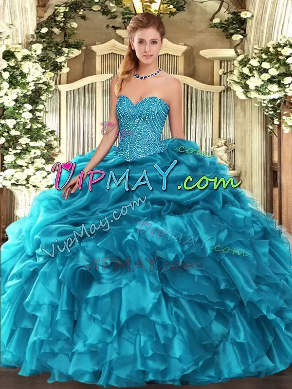 Teal Ball Gowns Organza Sweetheart Sleeveless Beading and Ruffles and Pick Ups Floor Length Lace Up 15th Birthday Dress