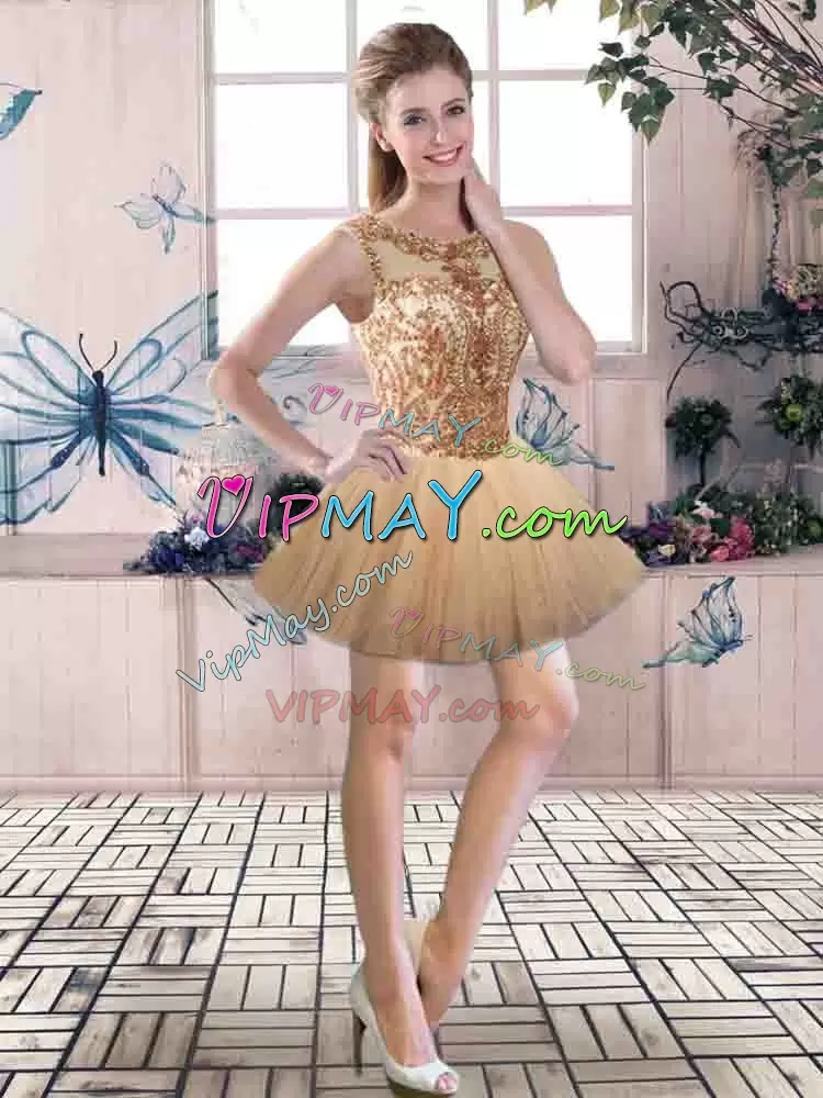 Gold Sleeveless Tulle Lace Up Quince Ball Gowns for Military Ball and Sweet 16 and Quinceanera