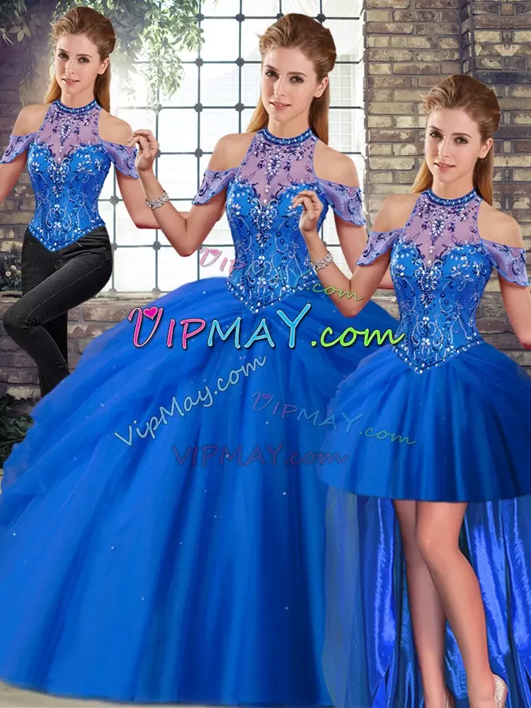 Three Pieces Sleeveless Blue Vestidos de Quinceanera Brush Train Lace Up