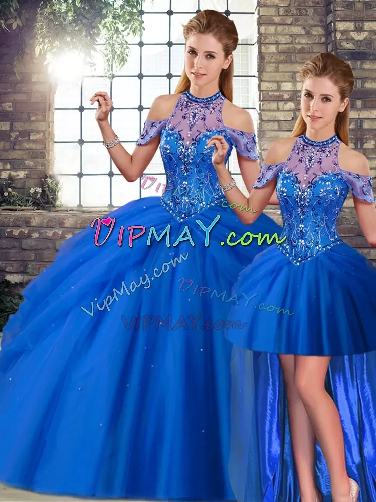 Three Pieces Sleeveless Blue Vestidos de Quinceanera Brush Train Lace Up