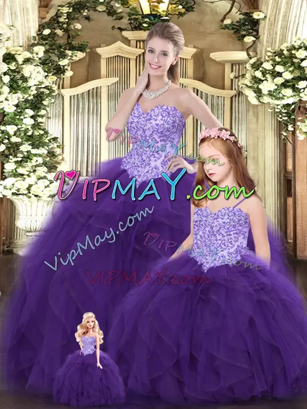 Floor Length Eggplant Purple 15th Birthday Dress Tulle Sleeveless Beading and Ruffles