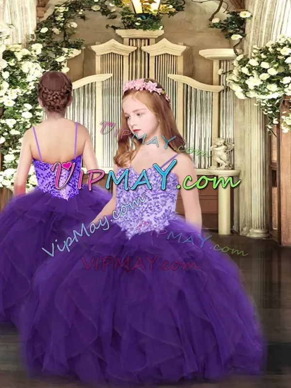 Floor Length Eggplant Purple 15th Birthday Dress Tulle Sleeveless Beading and Ruffles