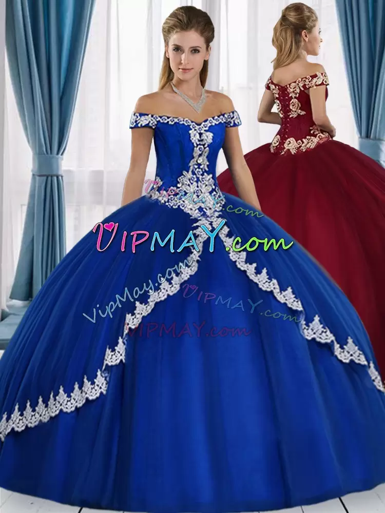 Fine Sleeveless Off The Shoulder Lace Up Floor Length Appliques Sweet 16 Dress Off The Shoulder