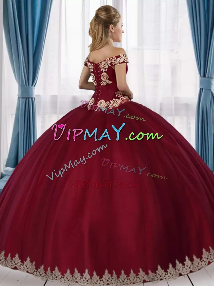 Fine Sleeveless Off The Shoulder Lace Up Floor Length Appliques Sweet 16 Dress Off The Shoulder