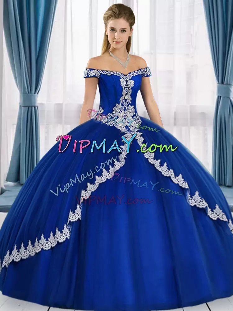 Fine Sleeveless Off The Shoulder Lace Up Floor Length Appliques Sweet 16 Dress Off The Shoulder