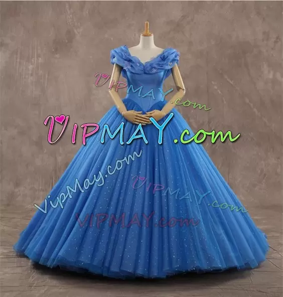 Cinderalla Style Ball Gown Sweet 16 Dress Sky Blue Sparkly Tulle Train