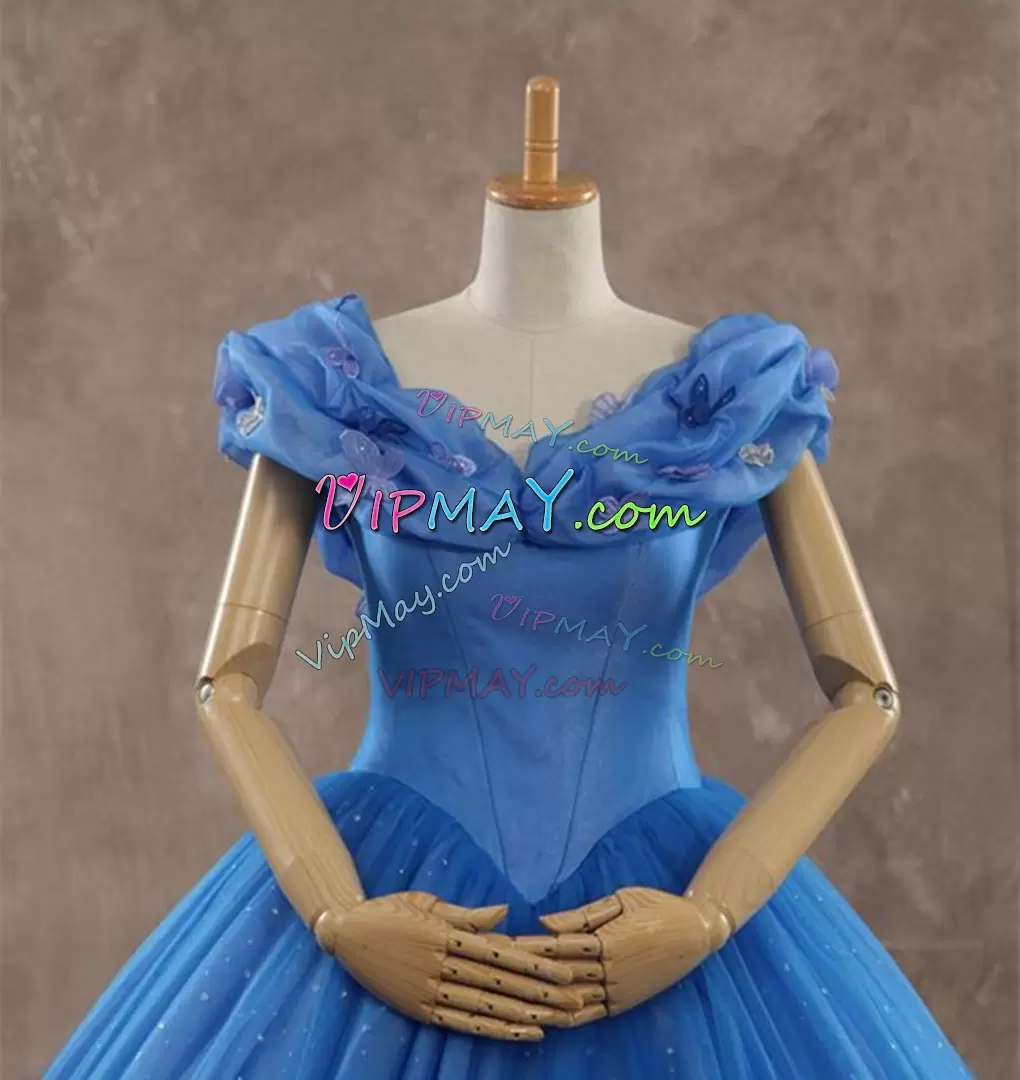 Cinderalla Style Ball Gown Sweet 16 Dress Sky Blue Sparkly Tulle Train