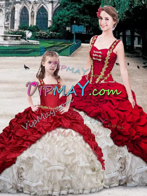 High End White And Red Organza and Taffeta Lace Up Straps Sleeveless With Train Vestidos de Quinceanera Brush Train Beading and Ruffles and Pick Ups